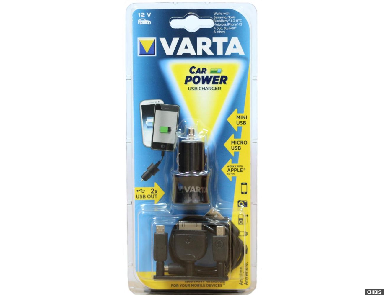 Зарядное устройство авто Varta Car Power 12V  microUSB, miniUSB, apple 30pin 57930101401