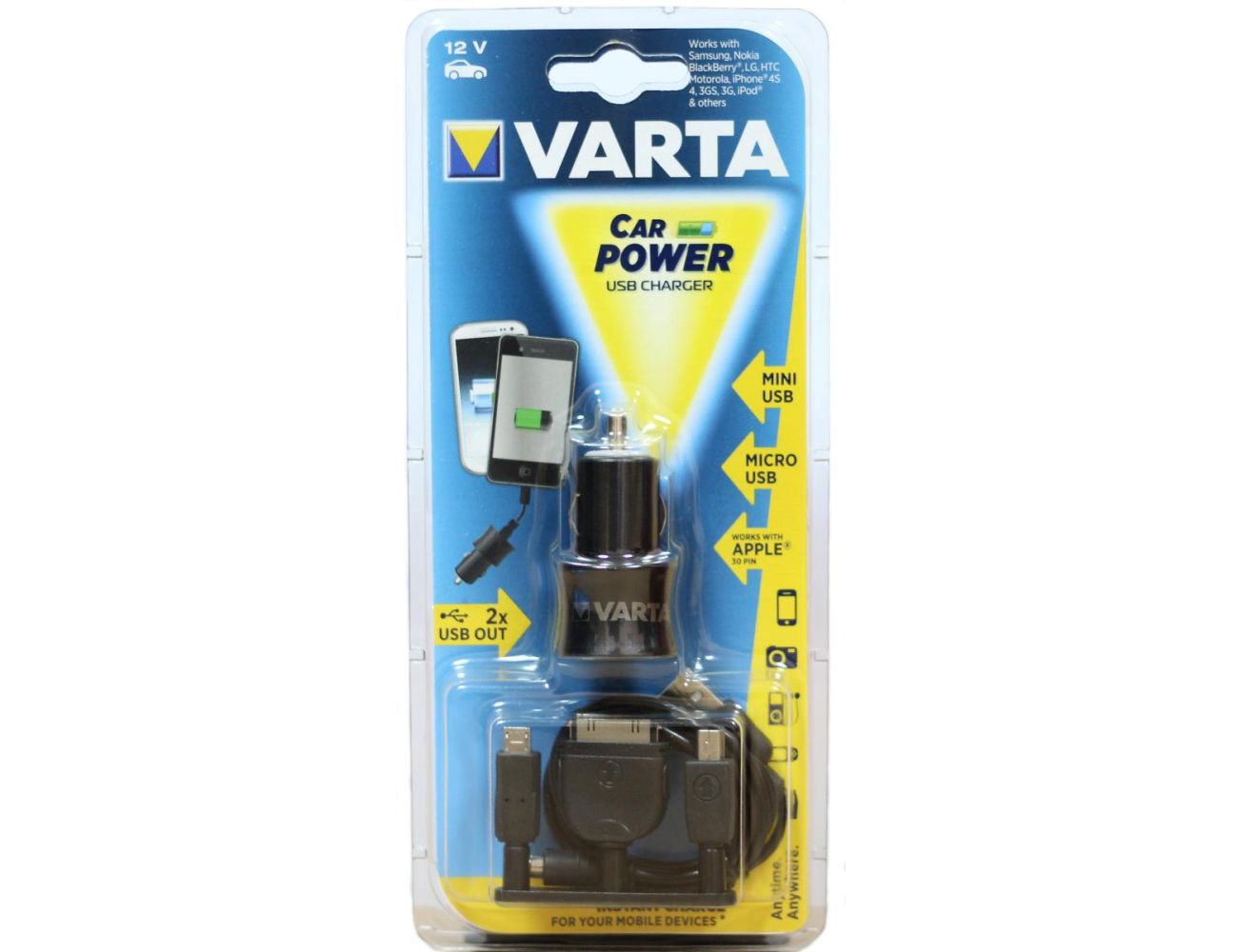Зарядное устройство авто Varta Car Power 12V  microUSB, miniUSB, apple 30pin 57930101401