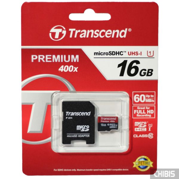 Карта памяти 16 Gb Transcend MicroSDHC Class 10 + SD адаптер Premium 400x TS16GUSDU1