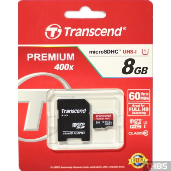 Карта памяти Transcend MicroSDHC 8GB Class 10 + SD адаптер Premium 400x TS8GUSDU1